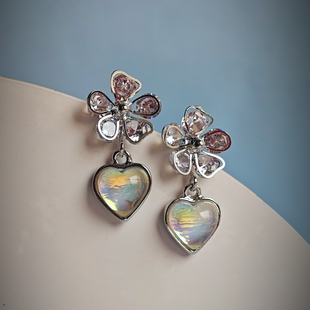 FLORAL HEART DROP EARRING-Adorelane