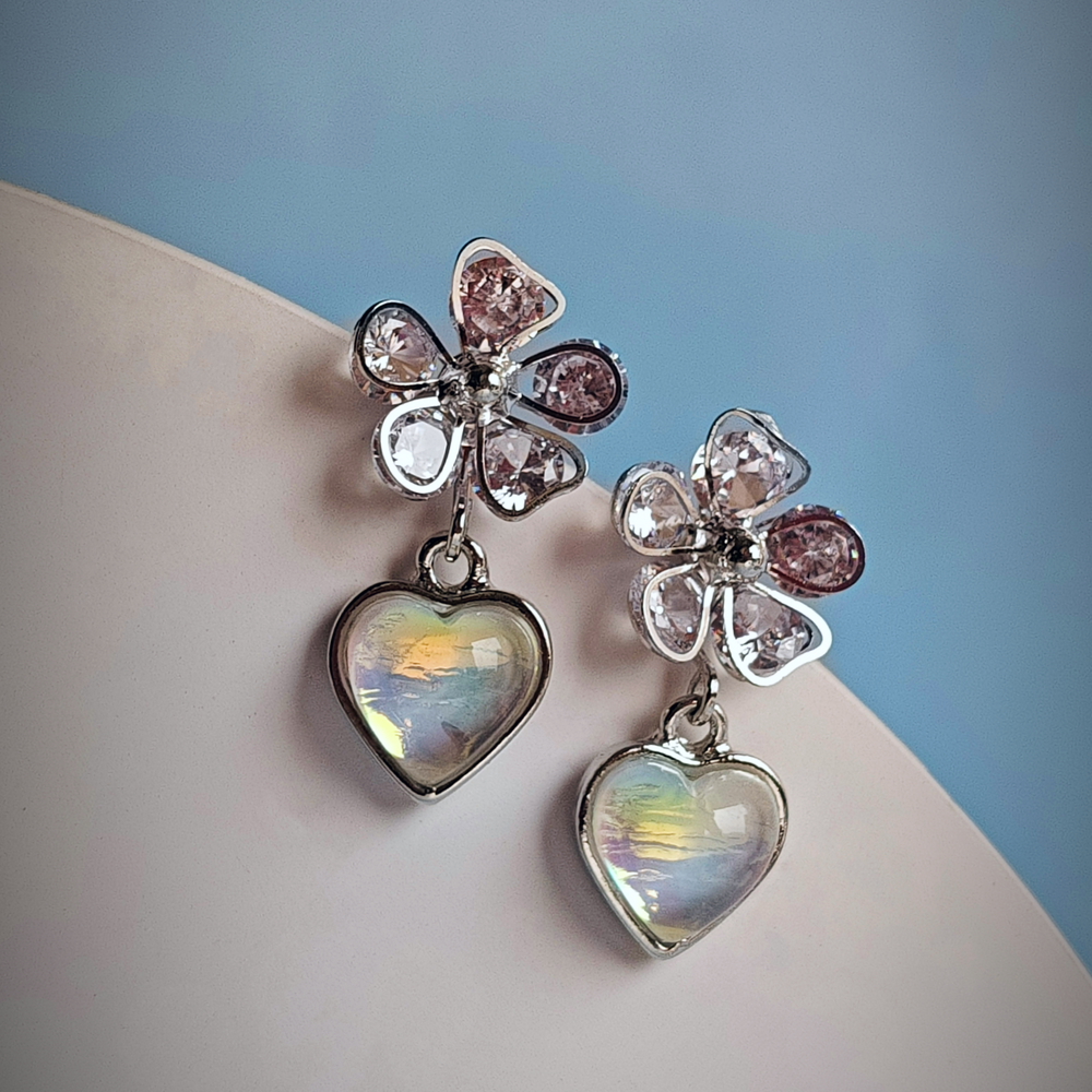 FLORAL HEART DROP EARRING-Adorelane