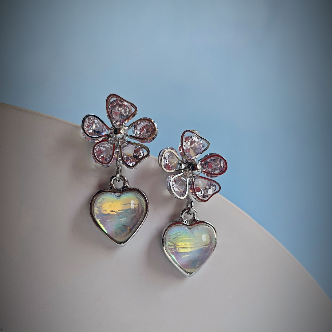 FLORAL HEART DROP EARRING-Adorelane