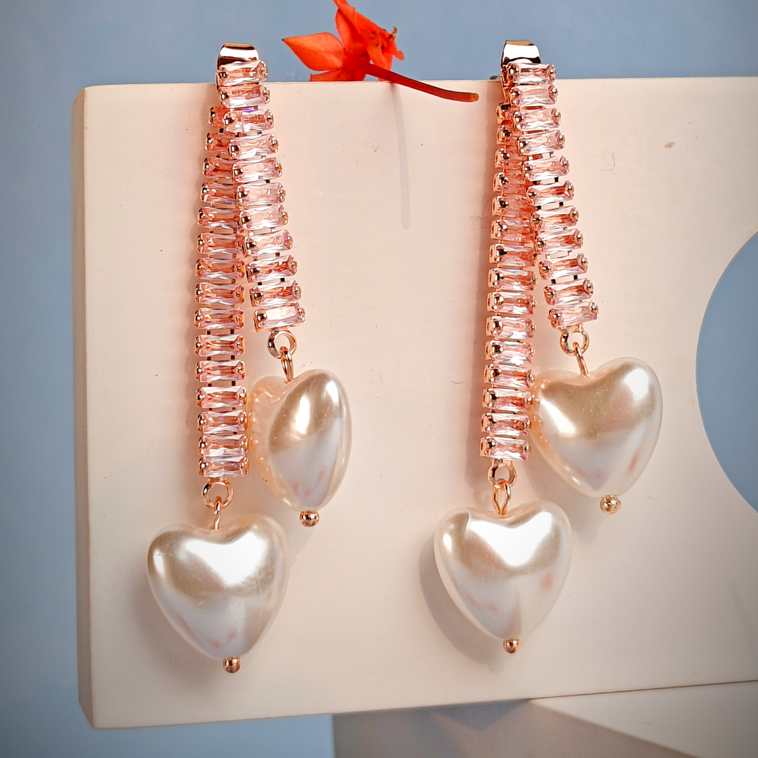 HEART WHITE PEARL LONG TASSEL EARRING-Adorelane