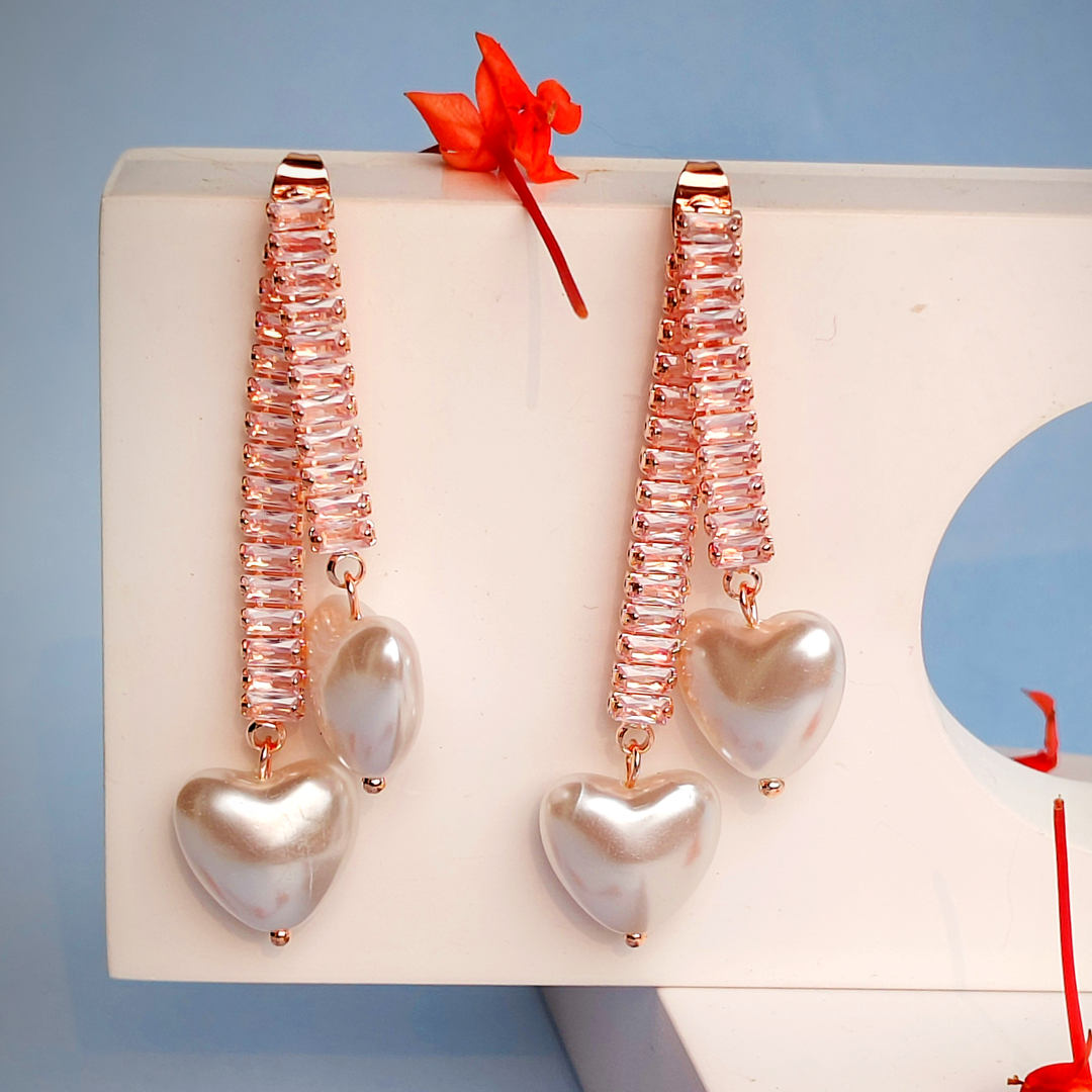 HEART WHITE PEARL LONG TASSEL EARRING-Adorelane