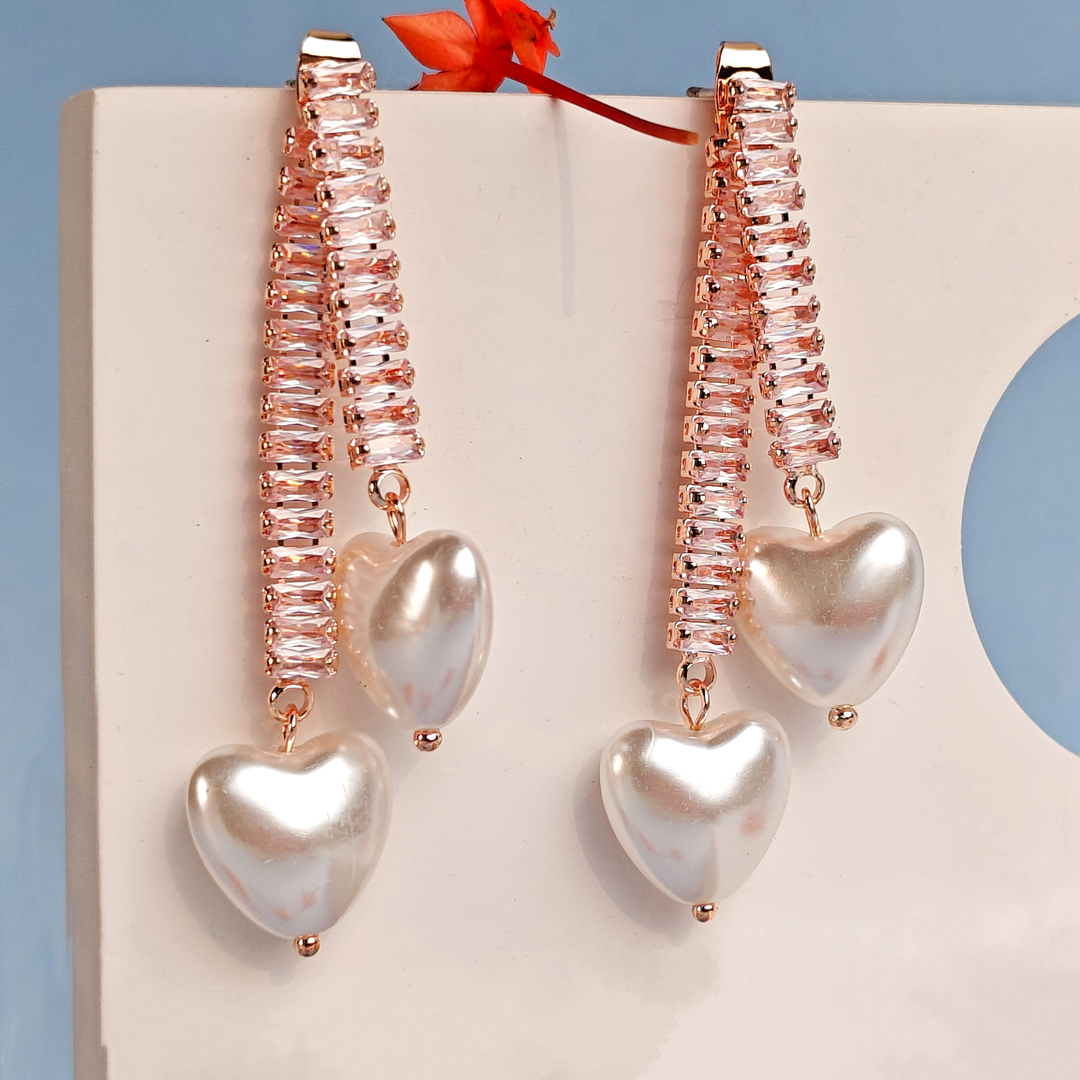 HEART WHITE PEARL LONG TASSEL EARRING-Adorelane