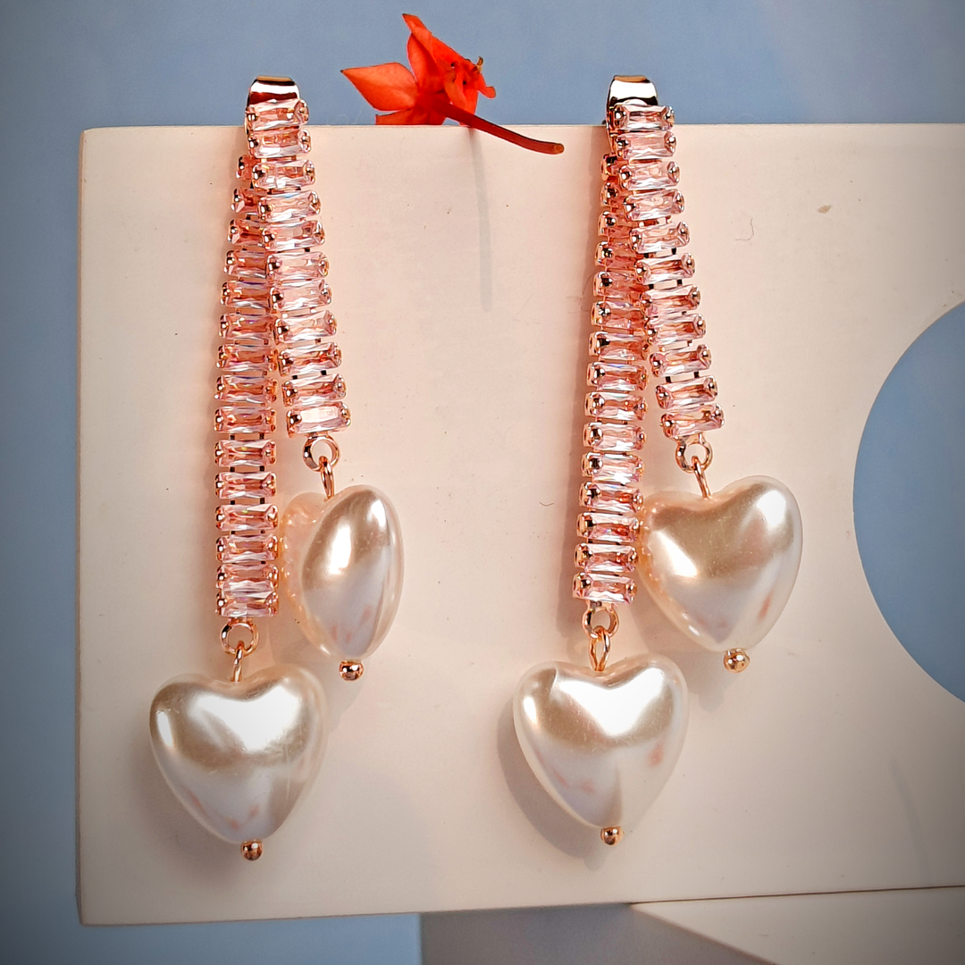 HEART WHITE PEARL LONG TASSEL EARRING-Adorelane