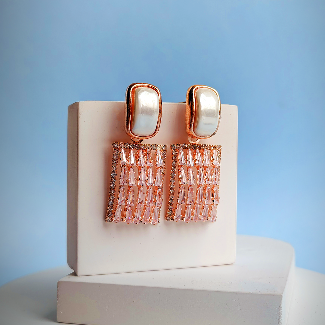 ROSE GOLD BAGUETTE DROP EARRINGS-Adorelane