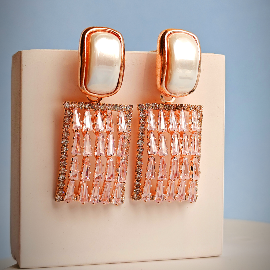 ROSE GOLD BAGUETTE DROP EARRINGS-Adorelane