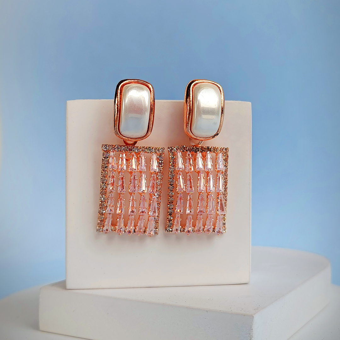 ROSE GOLD BAGUETTE DROP EARRINGS-Adorelane