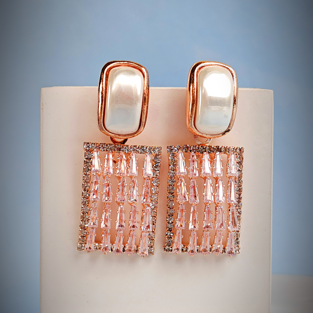 ROSE GOLD BAGUETTE DROP EARRINGS-Adorelane