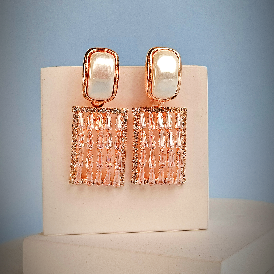 ROSE GOLD BAGUETTE DROP EARRINGS-Adorelane